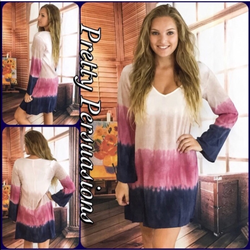 Blush White Tan Tie Dyed Long Bell Sleeve Dress - Picture 7 of 8